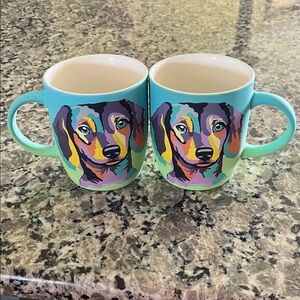 Turquoise Dachshund Print Ceramic Dog Mug - Set of 2